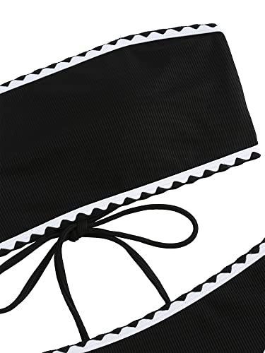 Image of ZAFUL Women Strapless Textured Bandeau Bikini 2 Piece Swimwear Cheeky Solid Lace up Bathing Suits