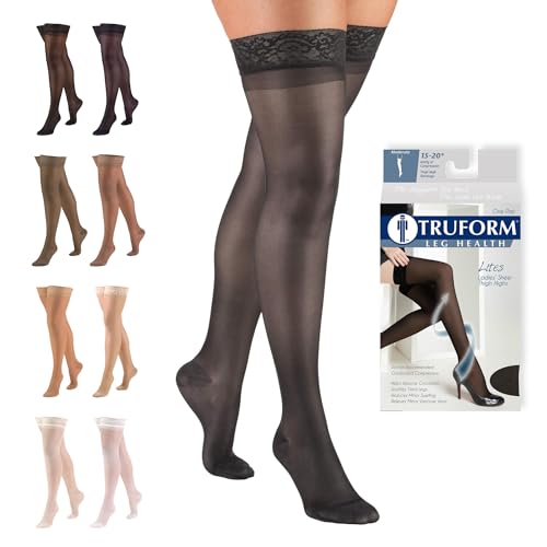 Image of Truform Sheer Compression Stockings, 15-20 mmHg, Women's Thigh High Length, 20 Denier, Charcoal, Small