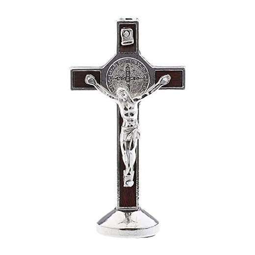 POFET Crucifijo Jesucristo Cruz Estatua Estatua para coche, hogar, capilla, decoración, color plateado