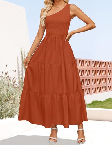 Image of ZESICA Women's 2026 Bohemian Summer Floral Print One Shoulder Sleeveless Smocked Ruffle Tiered Beach Long Midi Dress