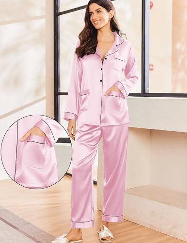 Image of Ekouaer Pajamas for Women Silk Satin Button Down Long Sleeve Pajama Sets