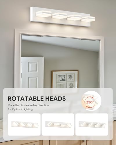 Image of VONLUCE Bathroom Vanity Light Fixture, 4-Light Modern LED Vanity Light, 3CCT Adjustable Bathroom Lights with Memory Function Rotatable Shades, 26 inch Wall Lighting Fixture Over Mirror, Matte White