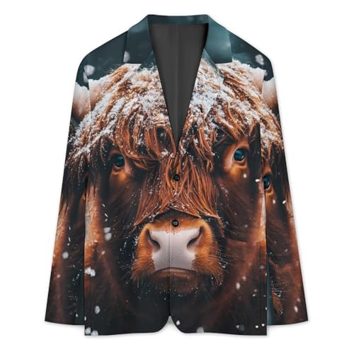 Highland Cow Snowy Day Mens Suit Jacket Lapel Blazers V Neck Button Business Coat Tuxedo for Wedding Party3