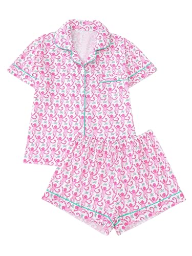 BEAUDRM Women's 2 Piece Monkey Pajama Set Button Up Short Sleeve Shirt and Shorts Lounge Sets Sleepwear Animal Print Pjs Pink Small