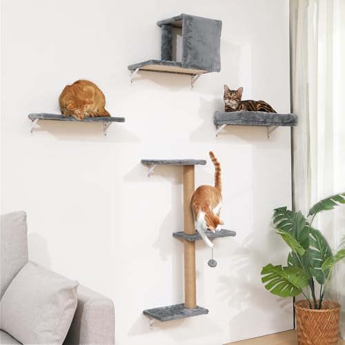 FUKUMARU Cat Wall Shelves, Stable & Safe 5 in 1 Cat Walls Furniture Set, Wooden Kitten Climbing Wall with Scratching Post for 16 Inch Drywall - Beige Beige 5 in 1 set
