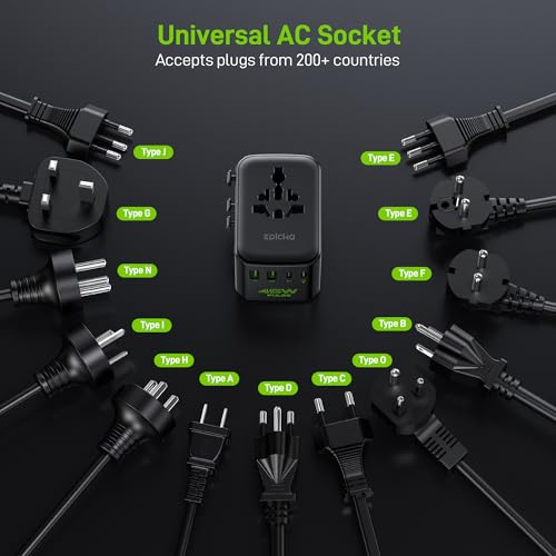Image of Epicka Pulse Duo 45W Universal Travel Adapter, International Power Adapter with 6-Port (2 AC /2 USB-A /2 USB-C), European Travel Plug Adapter with PD Fast Charging, Travel Essentials (Pure Black)