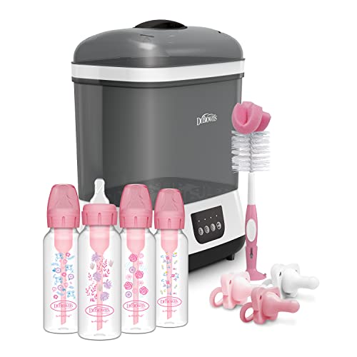 Image of Dr. Brown’s Anti-Colic Options+ Baby Bottles 8 oz, Level 1 Nipple, 4 Pack, Pink Floral, 0m+ with Sterilizer, Bottle Brush, and HappyPaci Pacifier 0-6m, Pink Gift Set