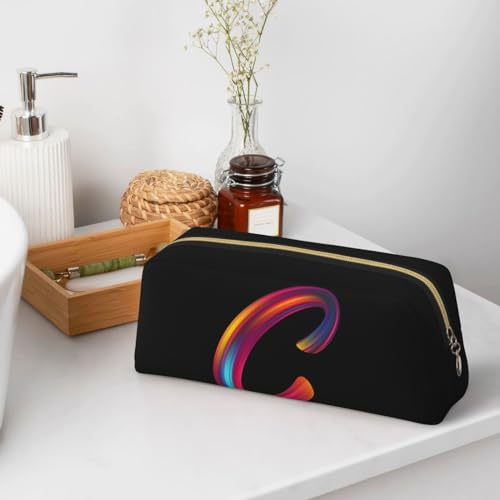 Image of Cute Initial Pencil Case for Kids Simple Leather Pencil Pouch for Boys Girls Letter Design Pencil Box Pen Bag Pencil Pouch Office Stationery Organizer, Rainbow Letter C
