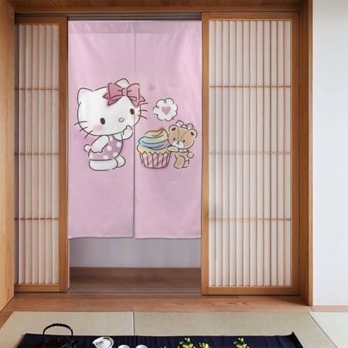 のれん 暖簾 ハローキティ かわいい 漫画 遮光 カーテン ロング おしゃれ 和風 目隠し 湯のれん 間仕切り リビング 玄関 キッチン 日除け 洗える 86cm×143cm 人気 アニメ
