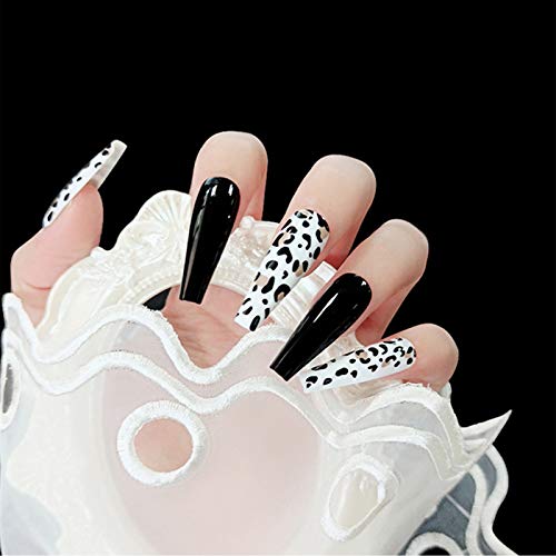 editTime Super Long Rainbow Fake Nails Gradient Color Coffin Glossy or Matte Press on Ballerina Acrylic Extra Long False Nails Leopard Cows Fingers Nails (Glossy, black)