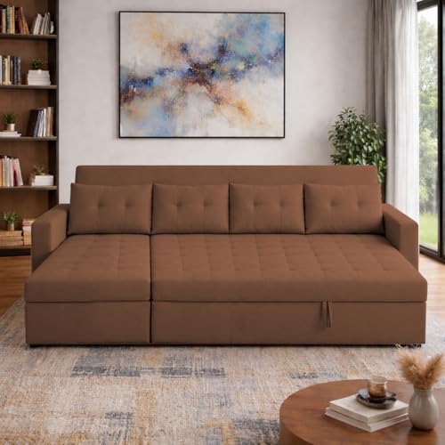 Image of Emilio 6 Seater LHS L - Shape Pull-Out Sofa Cum Bed Sofa for Living Room (Brown Fabric Color) Premium Fabric Sofa Set for Living Room Sofa Cum Bed