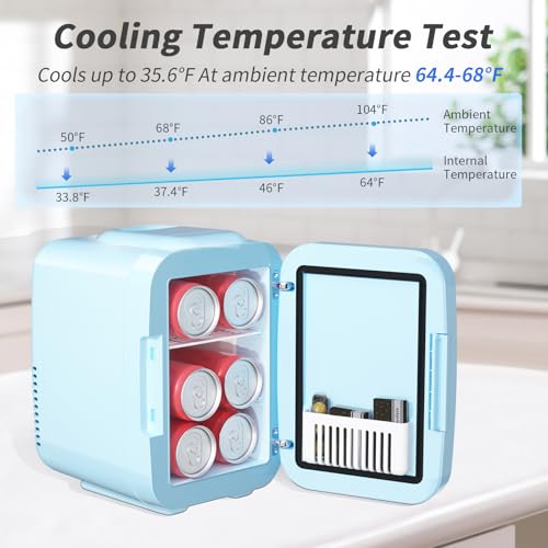 YASHE Skincare Fridge Mini Fridge for Bedroom with Dimmable LED Mirror, 4Liter/6 Cans Cooler and Warmer for Makeup, Cosmetic, Beauty, Portable Refrigerator for Bedroom, Vanity, Office and Car- Blue