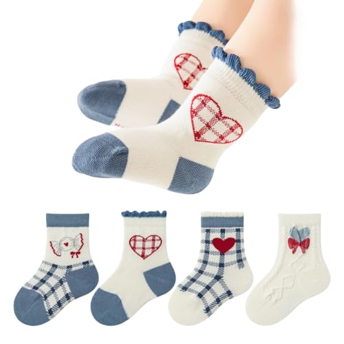 4 Pairs Toddler Baby Girl Boy Kids Socks, Cute Blue Soft Cotton Crew Socks, 0~5T