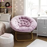 EMMA + OLIVER Ersa Oversize Folding Saucer Chair - Dusty Purple Faux Fur Moon Chair - Soft Gold Metal Frame - 38