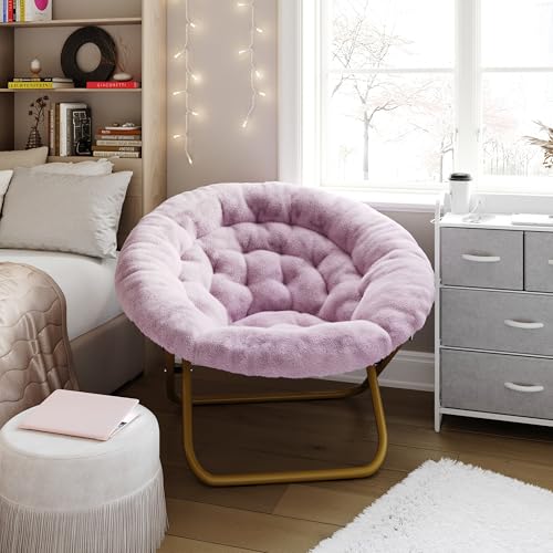 EMMA + OLIVER Ersa Oversize Folding Saucer Chair - Dusty Purple Faux Fur Moon Chair - Soft Gold Metal Frame - 38