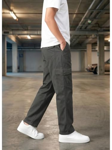 Image of Men's Cargo Trousers-100% Premium Cotton Regular Fit Lightweight Breathable Elastic Waist Multi-Pocket Casual Utility Pants