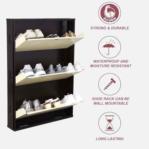 Image of Metal Shoe Rack Wall Mounted for Home with Central Locking 3 Door 28 inch Wall Mounted Metal 9 Pair Shoe Rack Cabinet Pre-Assembled Rack Shelves|3 Year Warranty (Brown & Ivory)