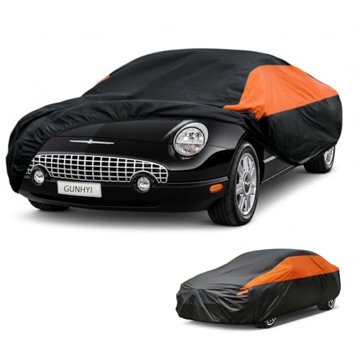 Image of GUNHYI Waterproof Lightweight Full Car Cover Custom Fit Thunderbird | All‑weather Outdoor sun /rain /dust /snow /wind /UV protection, breathable tear‑resistant fabric, black‑orange design,storage bag