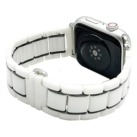 MeShow Ceramics Band for Apple Watch 41mm 40mm 38mm, Two Tone Ceramics Stainless Steel Removable Link Strap Bracelet Watch Band with Butterfly Buckle Clasp for iWatch All Models (White+Black) Cover