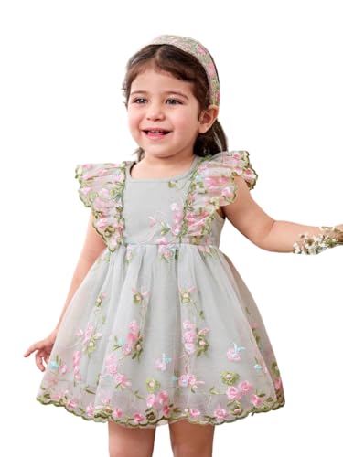 Image of Tagas Girls' Knee-Length Dress|Elegant Floral Embroidered Baby Girl Party Dress with Bow|Soft Net Layered Frock for Birthday, Wedding & Festive Occasions|Comfortable & Stylish