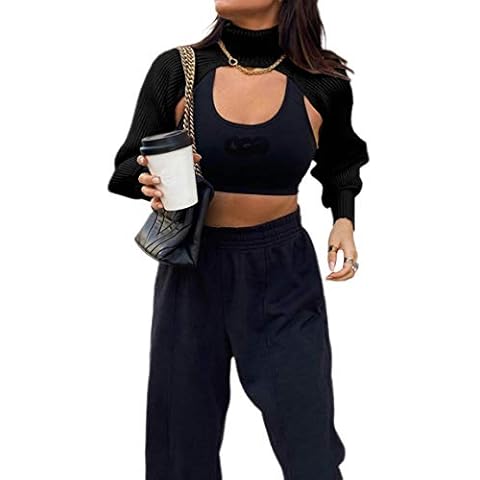 Women Pullover Crop Top Knitwear High Collar Long Puff Sleeve Sweater Ultra Short Cropped Sweater Sweatshirt (Black, One Size) Cover