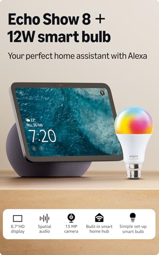 Image of Amazon Echo Show 8 (newest model), vibrant 8.7 inch HD display with spatial audio & Alexa, new sleek design, Graphite, combo with wipro 12W smart bulb