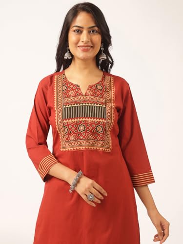 Image of Vbuyz Women Ajrakh With Yoke design Cotton Straight Kurta Set With Dupatta