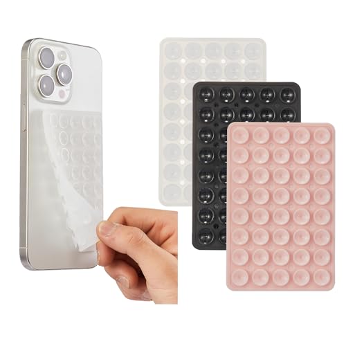 3 Pack Silicone Sticky Grip Holder for Cellphone, Silicone Suction Cup Phone Mount Hands-Free Double Sided Strong Grip Phone Holder for Selfie & Videos, Pink/Black/Transparent