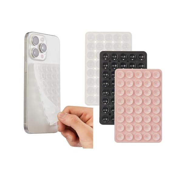 3 Pack Silicone Sticky Grip Holder for Cellphone, Silicone Suction Cup Phone Mount Hands-Free Double Sided Strong Grip Phone Holder for Selfie & Videos, Pink/Black/Transparent