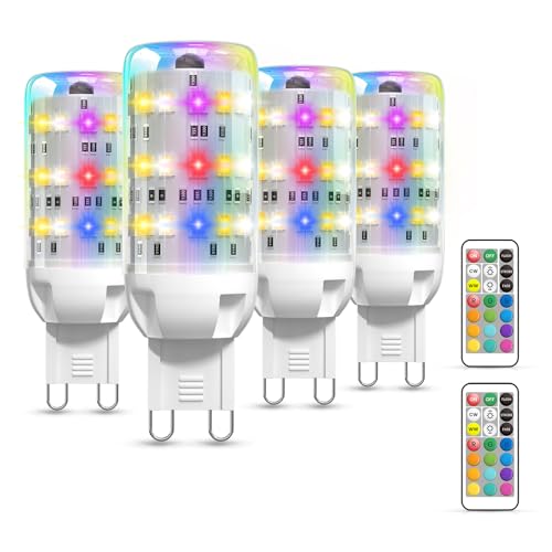 BrightWish 4 pièces Ampoule G9 LED Multicolore Dimmable, Ampoule g9 Connectée 2W, Télécommande IR, 12 Couleurs, Lumière Blanc Chaud 3000K, Ampoule LED G9 pour Salon, Chambre