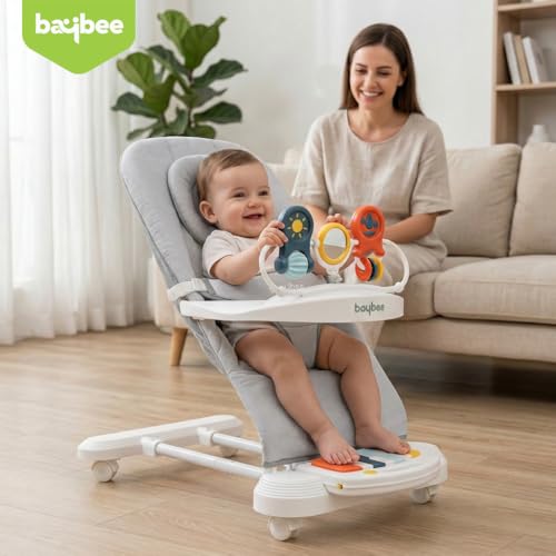Image of Baybee Nestra Rocker for Baby 0-2 Years| Bouncer with Music & Light Kick Piano | 3 Recline Positions | Removable Toy Tray | Wheels with Safety Lock | Breathable Seat | Foldable Design (Grey)