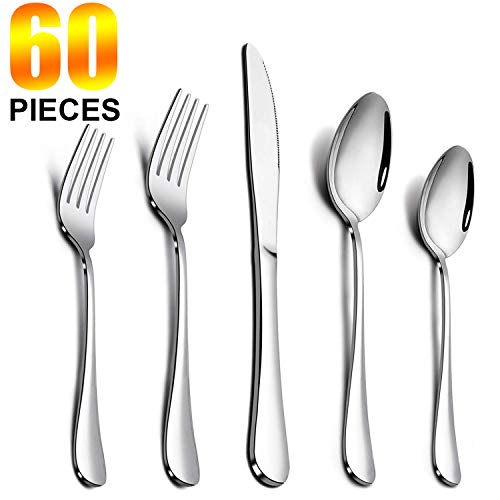 60-Piece Silverware Set, Stainless Steel Cutlery service for 12, Mirror Polished Cutlery Flatware