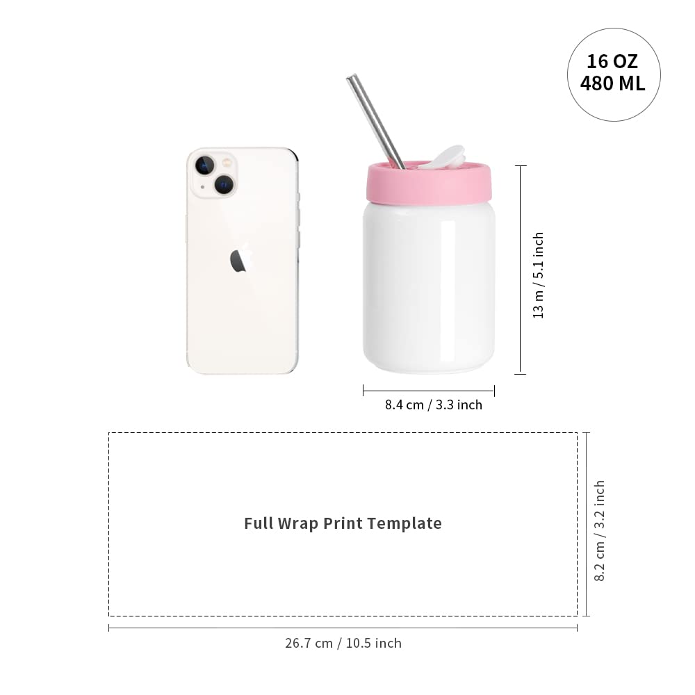 PYD Life Sublimation Mason Jar Tumbler Blanks White 16 OZ with Silicon Lid and Metal Straw Stainless Steel Cups Mugs for Cricut Mug Press and Tumbler Press Print 4 Pack