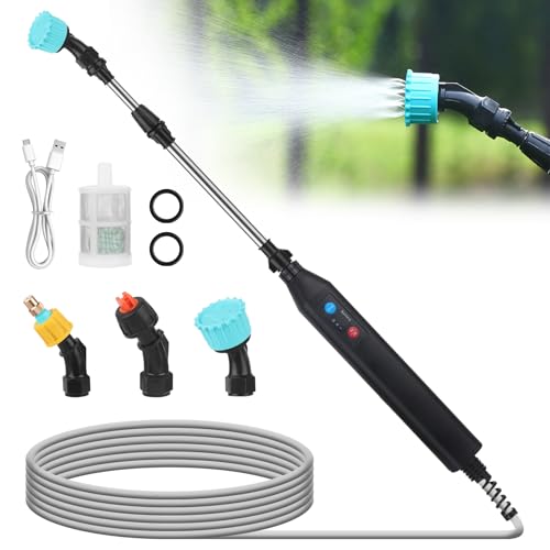 Mineup Akku Drucksprüher, 3.7 V Elektrischer Drucksprüher, Elektrischer Sprühstab mit 3 Düsen und 5m Schlauch, Wiederaufladbar USB Gartensprüher Bewässerung Teleskop Gießstab für Bewässern
