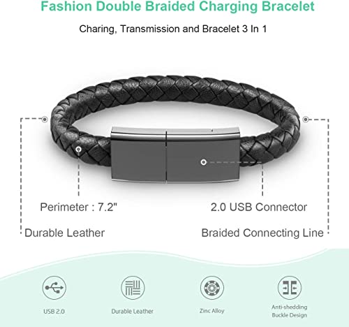 Image of Short Micro USB Charging Cable 7.9in Portable Fashion Bracelet Charger Personality Punk Braided Leather Wrist Data Transfer Cord for Android