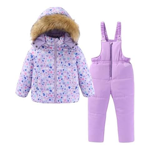 Hiheart Little Girls 2 Piece Snowsuit Warm Hooded Ski Jacket and Pants Set Lilac Heart 6T Cover