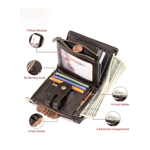 Cowhide Leather Trifold Billfold Wallet for Men, RFID Blocking, Double Zipper Coin Pocket, Anti-Theft Chain (Khaki)3