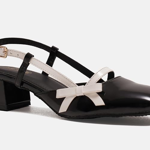 Image of JM LOOKS Women's Glossy Buckle Strap Mary Jane Block Heel with Bow Detail