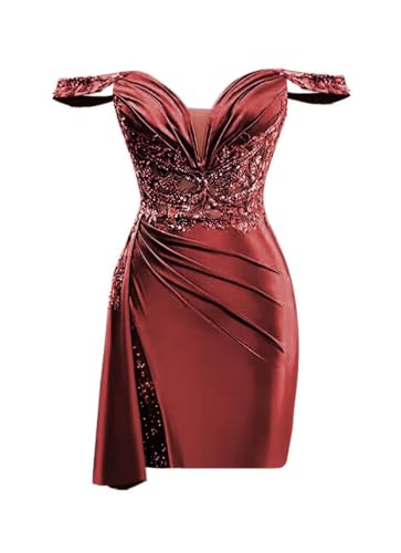 Off Shoulder Satin Homecoming Dresses for Teens 2025 Beaded Short Prom Dresses Pleated Cocktail Party Dress with Slit Tail