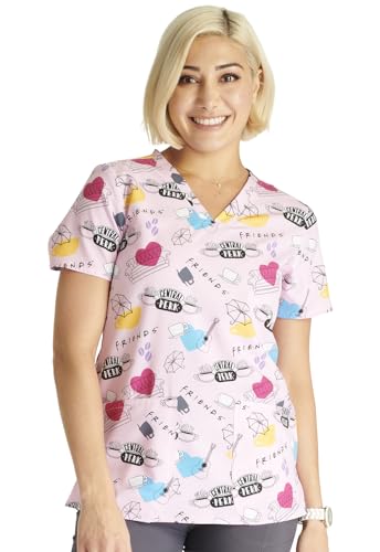 Tooniforms Women Scrubs Top V-Neck Print TF738, M, Coffee Time