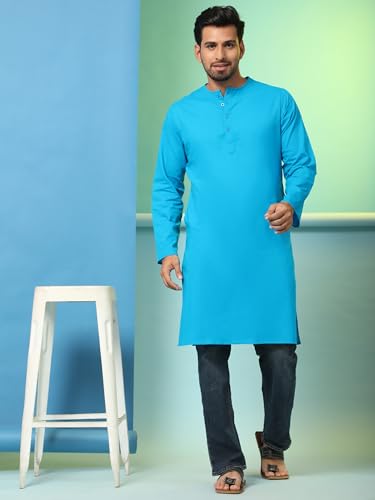 Image of Amazon Brand - Anarva Men's Cotton Solid Round Neck Kurta Long Sleeves Straight Knee Length Casual Shirt