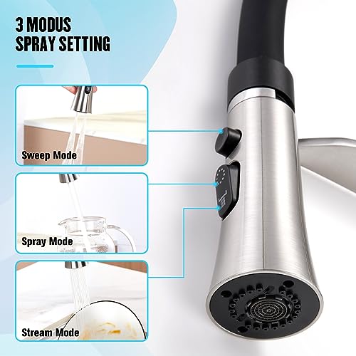 CREA Wasserhahn Küche mit 3 Funktionen Brause, Küchenarmatur mit Ausziehbarer Brause, 360° Drehbare Mischbatterie Küche Schwarz, Spültischarmatur Küche mit Praktischer Bürste, Edelstahl