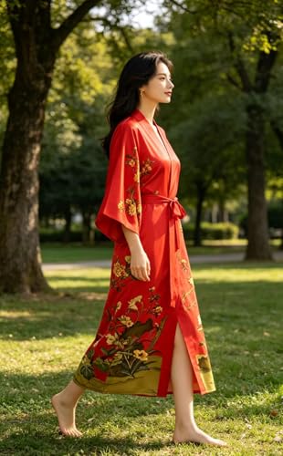 Image of Women's Classic 100% Silk Kimono Robe, Bathrobe-Printed Pattern