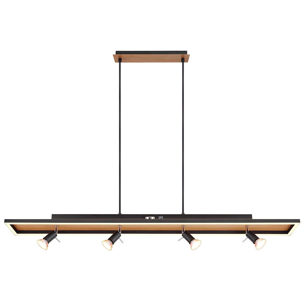 Hängelampe Esstisch Pendelleuchte schwarz Wohnzimmerlampe dimmbar, LED Hängeleuchte 4-flammig Holzoptik Spots schwenkbar, 4x GU10, LxBxH 116x12x120cm