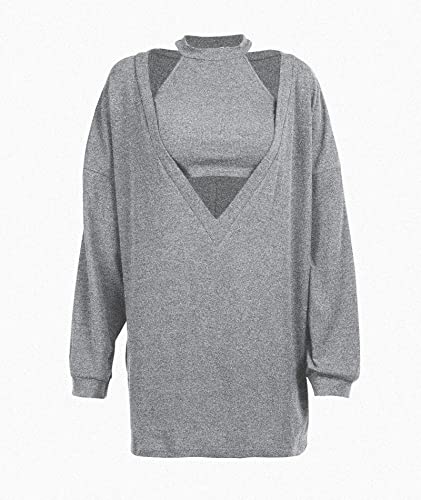 Image of ECDAHICC Women's Two Piece Outfits Knitted Halter Neck Crop Tank Tops and Oversized Off Shoulder Deep V Neck Pullover Sweater