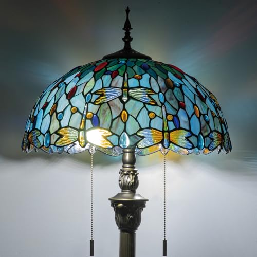 Image of Tiffany Style Floor Lamp, 16 inch Stained Glass Dragonfly Shade with Antique Bronze Base, 2-Light E26 Pull Chain Standing Reading Light for Living Room, Bedroom, UL Listed, 16x16x64 Inches