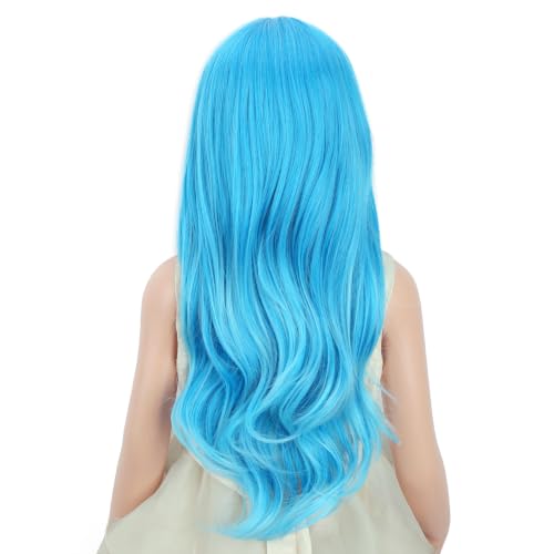 Image of PATTNIUM Kids Blue Wig Long Curly Wavy Blue Wigs for Girls Chidren Middle Part Hair Heat Resistant Synthetic Hair Wig with Wigs Cap