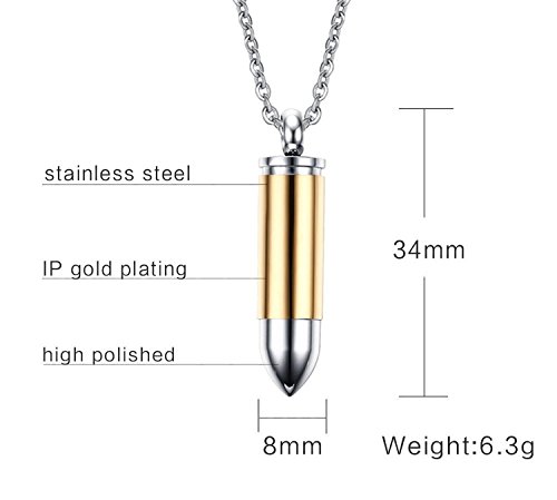 Stainless Steel Bullet Memorial Cremation Ash Urn Vial Tube Pendant Keepsake Necklace 22 Inch, Color Gold Silver2
