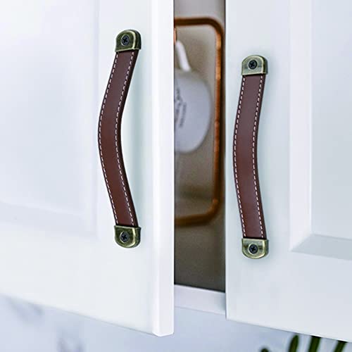 CONPHERON 4 Pcs Vintage Leather Handles Furniture Kitchen Drawer Pull Cabinet Door Handle Retro Handmade Leather Handles for Cupboard Pulls Drawer Knobs 160mm - Image 4