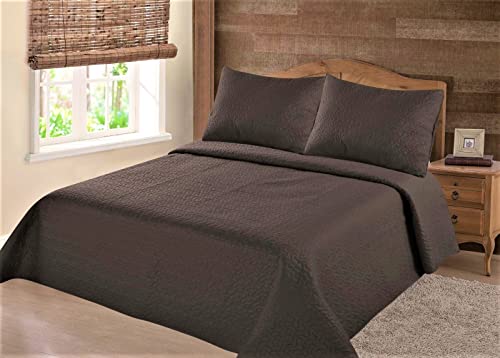 2/3 Piece Set Reversible Hotel Quilt Bedspread Lightweight Stitch Pattern Solid Color Quilt and Pillow Sham (King, Brown Chocolate)